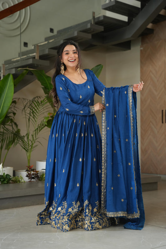 Aqua blue Chinon designer gown with embroidery zari sequins work and full sleeves - WishTown Fashion Club