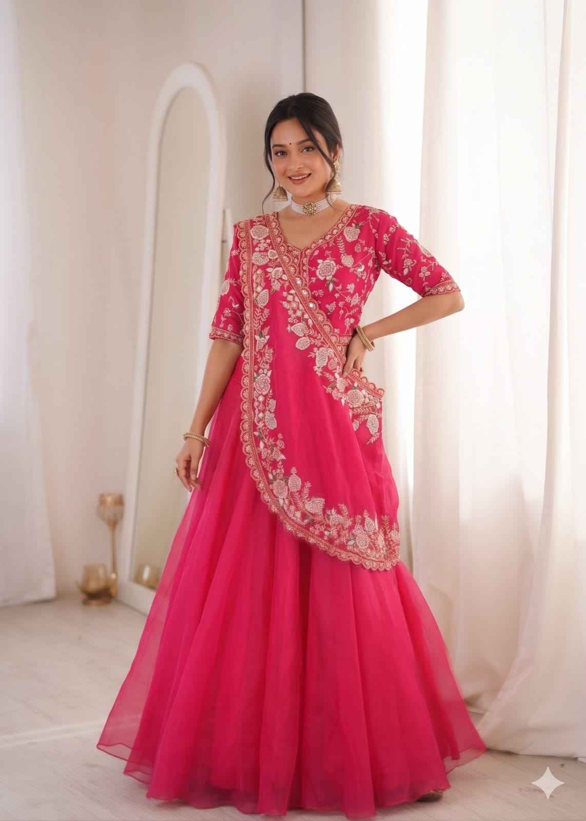 pink embroidered lehenga choli set with sequence work and matching dupatta - WishTown Fashion Club