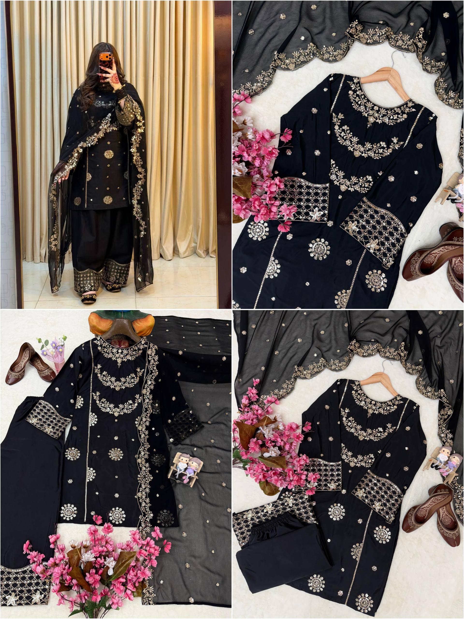 Front view of full three piece ethnic outfit featuring short tunic and wide leg trousers with shimmering embellishments.