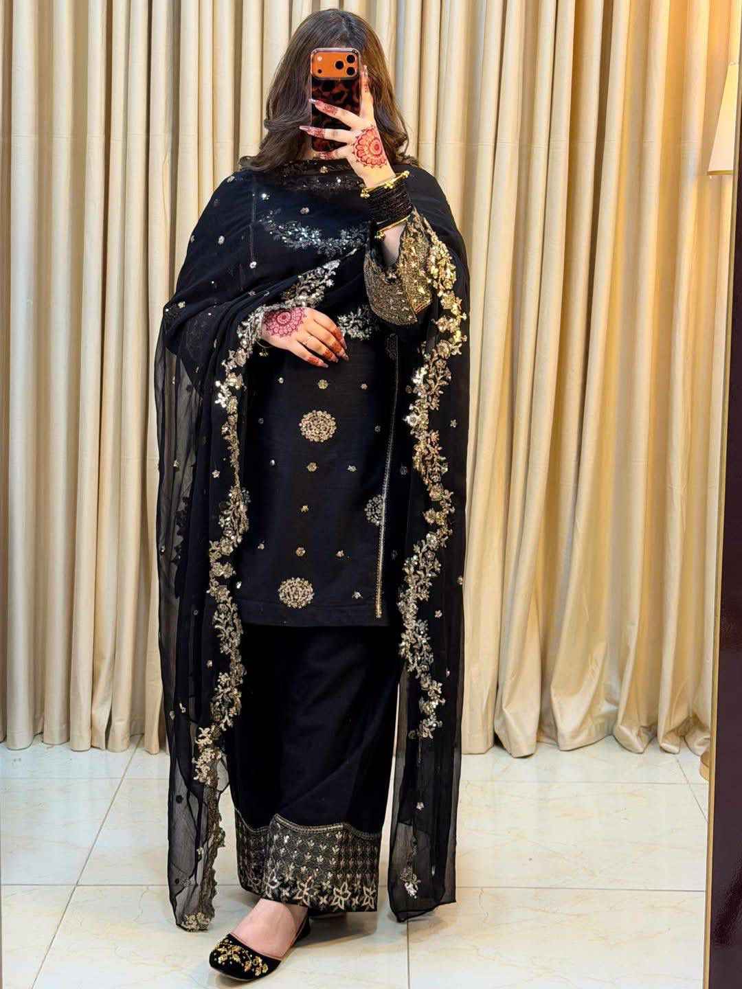 French Crepe Embroidered Kurti Plazzo Dupatta Set