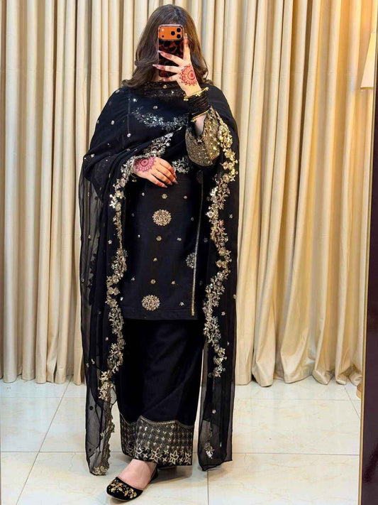 French Crepe Embroidered Kurti Plazzo Dupatta Set