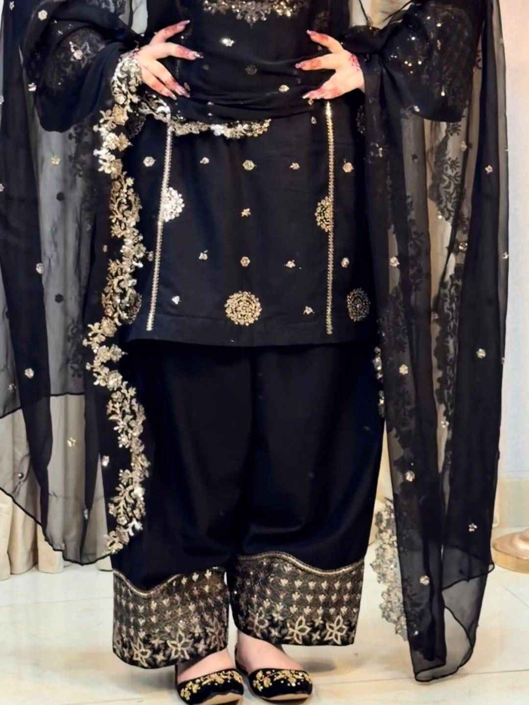 French Crepe Embroidered Kurti Plazzo Dupatta Set