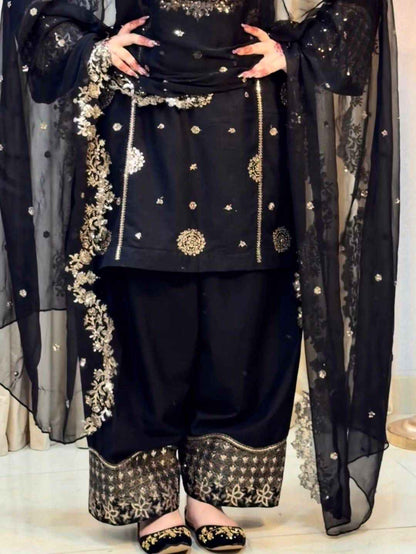 French Crepe Embroidered Kurti Plazzo Dupatta Set