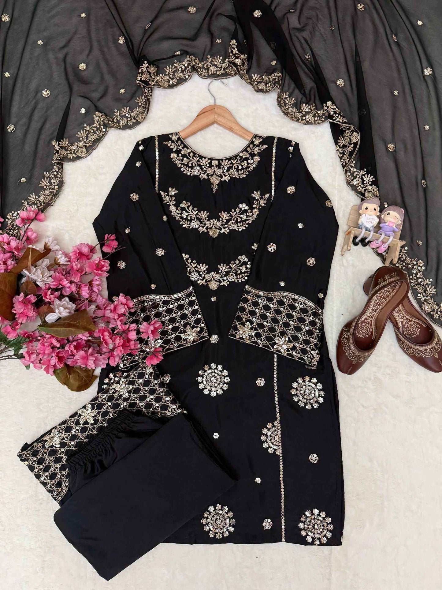 French Crepe Embroidered Kurti Plazzo Dupatta Set