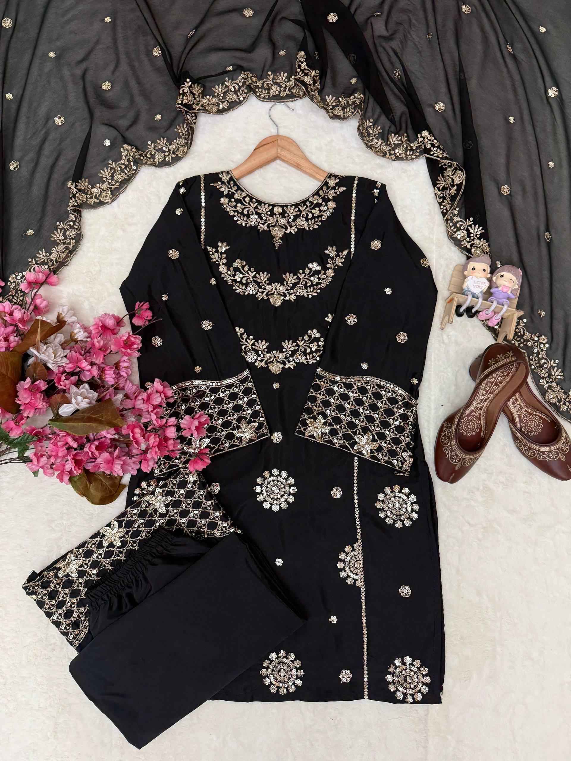 French Crepe Embroidered Kurti Plazzo Dupatta Set