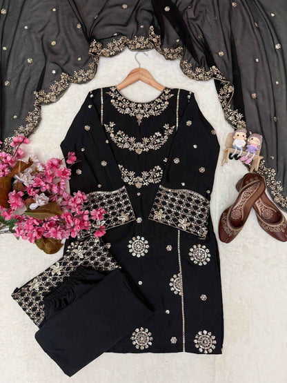 French Crepe Embroidered Kurti Plazzo Dupatta Set