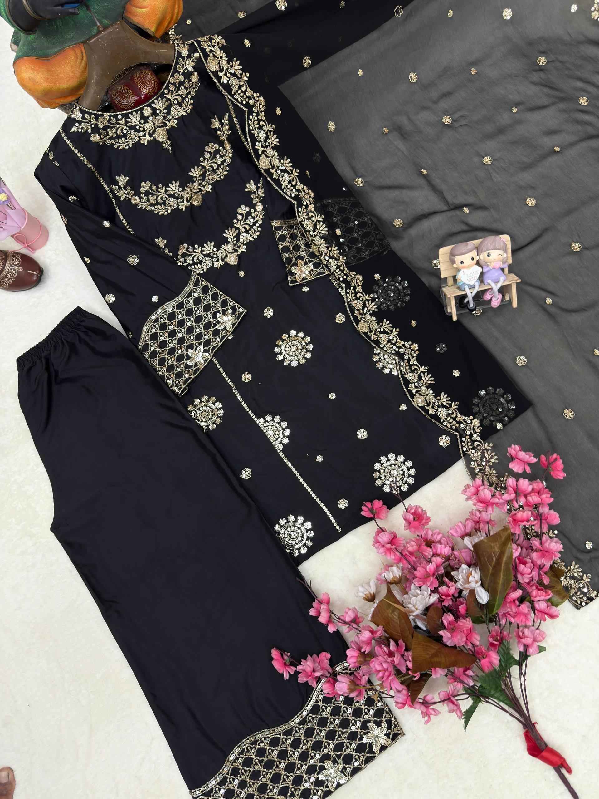 French Crepe Embroidered Kurti Plazzo Dupatta Set