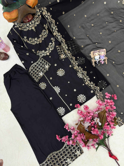 French Crepe Embroidered Kurti Plazzo Dupatta Set