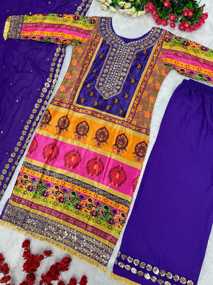 Back angle presentation of a fully stitched purple traditional salwar suit highlighting the soft micro cotton inner lining and smooth fabric drape.