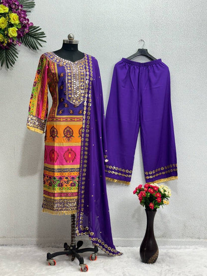 Flat layout display of a dark purple printed tunic matching trousers with embroidered borders and a long sheer patterned georgette scarf.