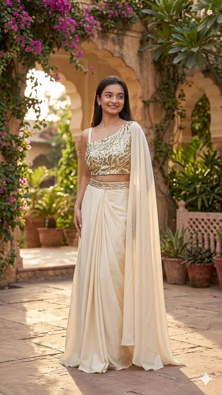 Front view of full cream color dhoti style saree outfit showcasing pre stitched pleated pants and matching embroidered blouse.