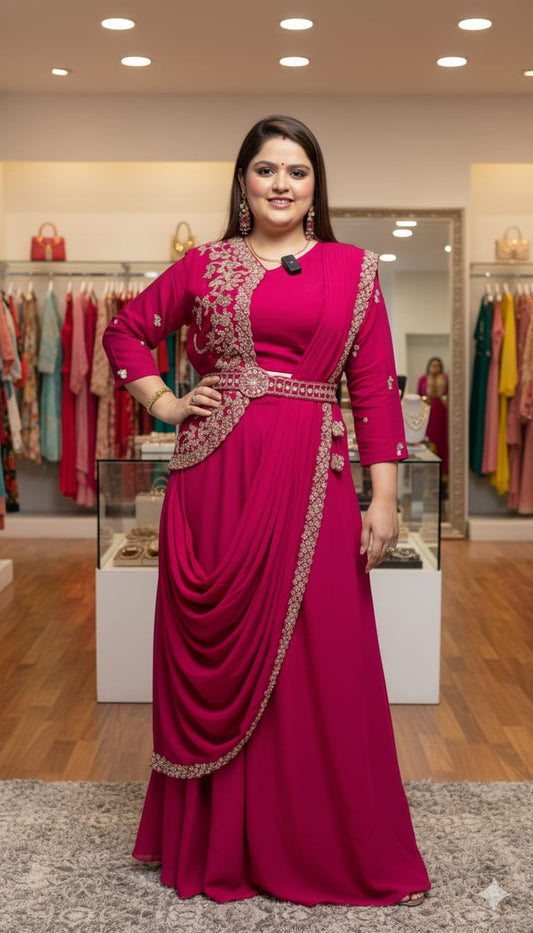 Front view of full three piece rani pink traditional outfit displaying a pre stitched drape lehenga skirt and matching embroidered blouse jacket.