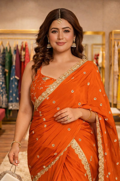 Back angle presentation of a fully stitched orange ethnic ensemble showing clean tailoring lines and seamless attached dupatta layout.