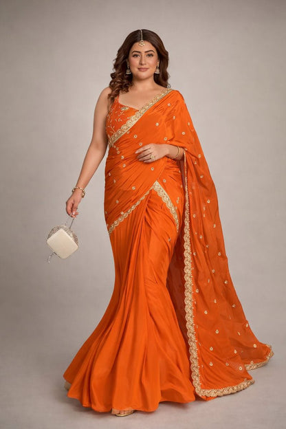 Complete flat layout presentation of the designer orange fusion outfit showcasing the free size structure and blouse size margins.