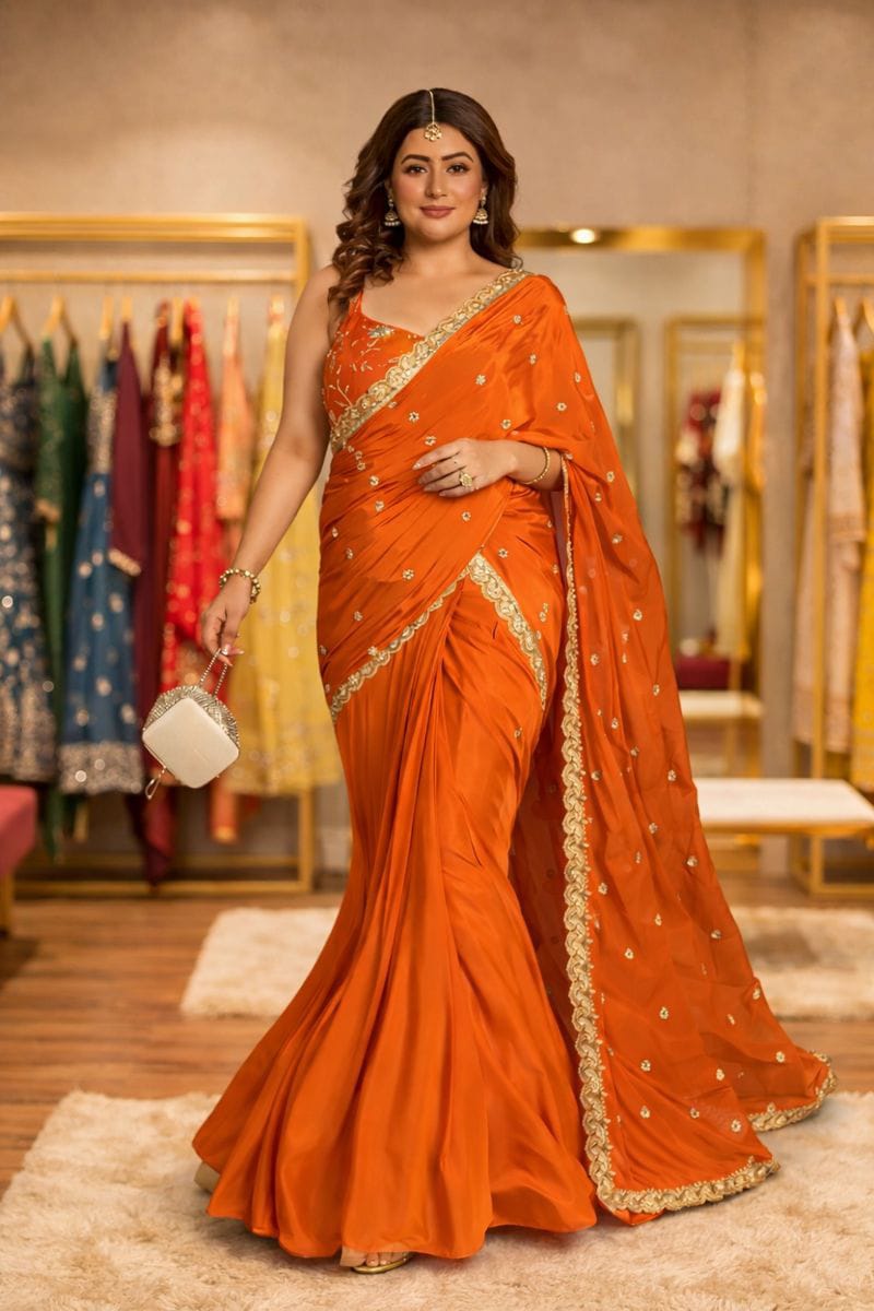 Front view of full three piece bright orange traditional festive outfit displaying an embroidered pre stitched lehenga saree skirt and matching blouse.