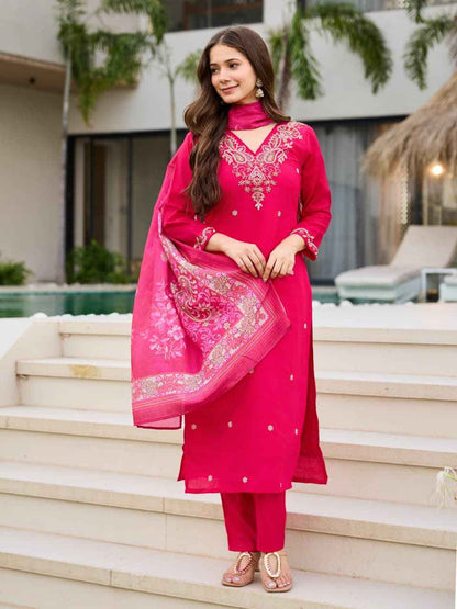 Front view of full three piece pink traditional ethnic outfit showcasing a hand embroidered roman silk tunic and straight trousers.