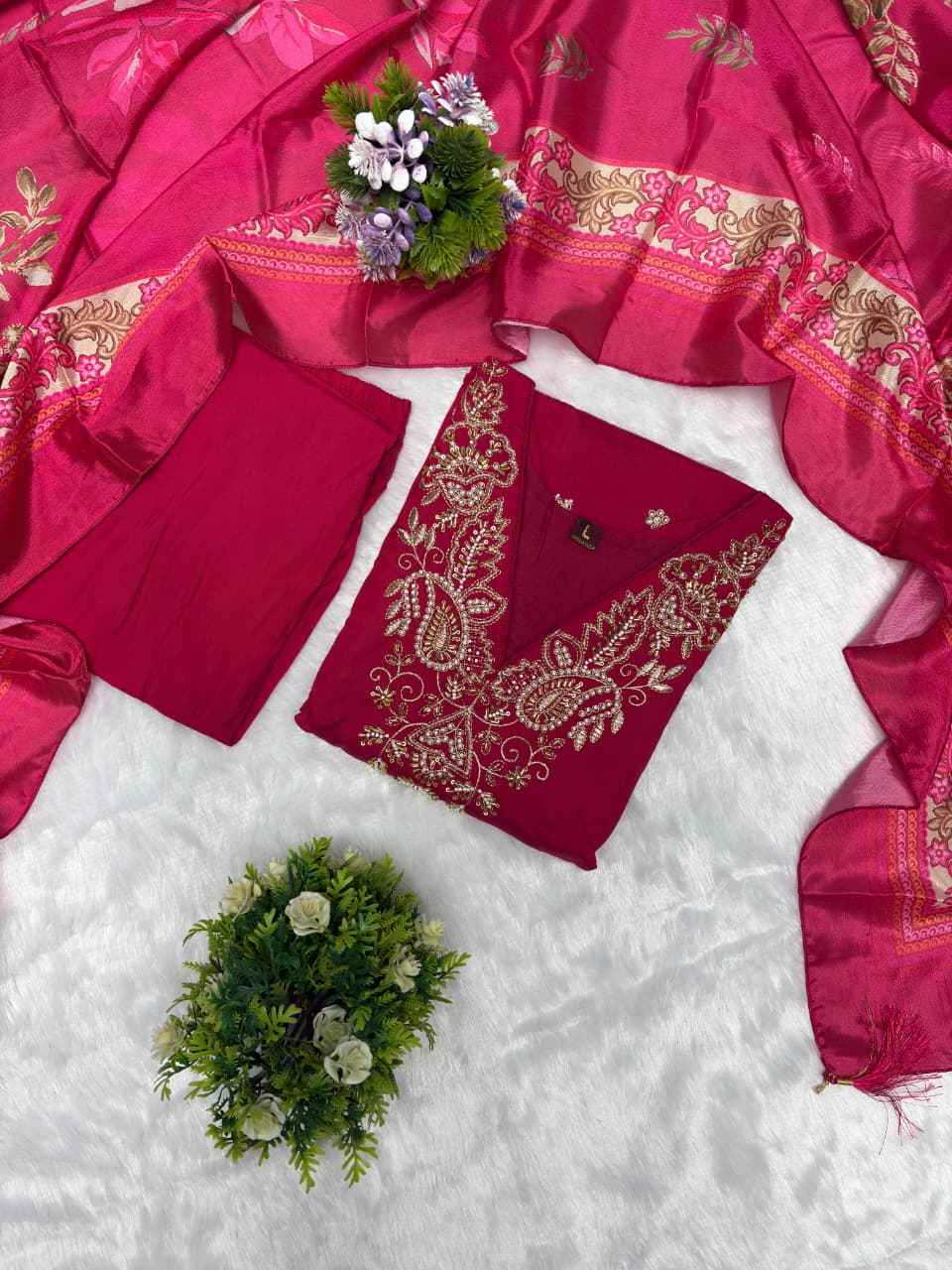 Side perspective view of the stitched pink ethnic dress highlighting the straight silhouette and soft texture of the material.