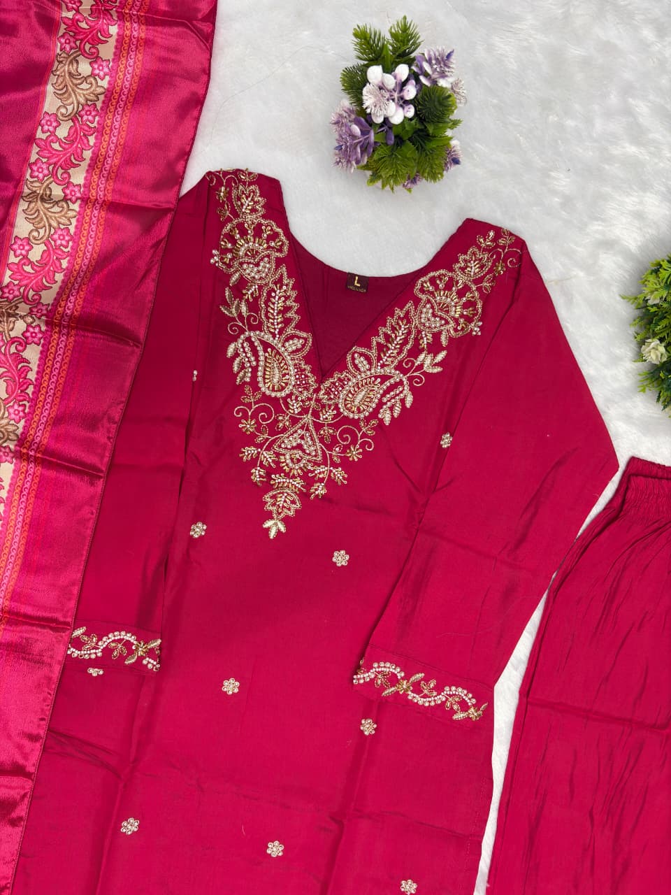 High resolution view of the heavy chinnon dupatta scarf displaying a multi color digital floral print on a soft pink canvas.