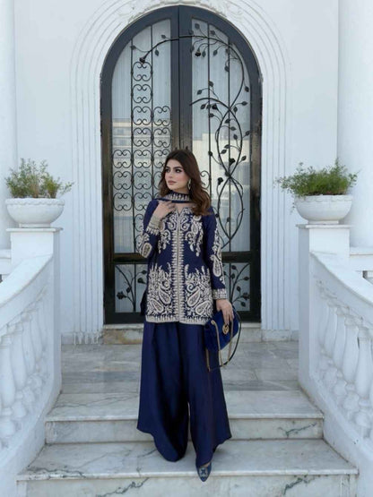 High resolution view of the navy blue rangoli silk dupatta displaying matching sequin borders and elegant four side design patches.