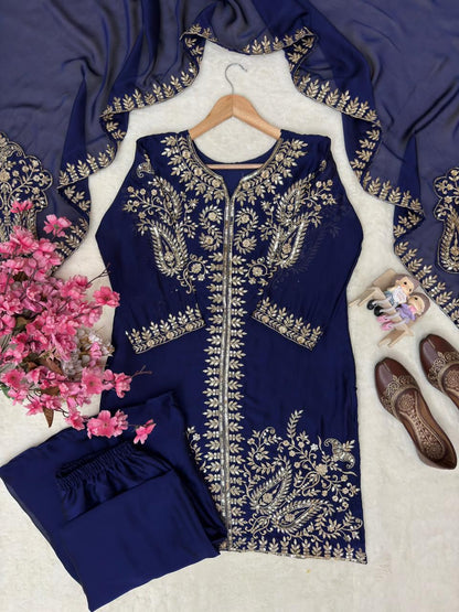 Full length presentation photo showcasing the entire navy blue outfit on a model to display realistic size proportions and flow.