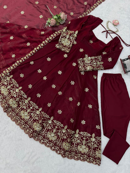 High resolution view of a maroon fendy silk dupatta scarf displaying detailed sequin borders and elegant two side cutwork patterns.