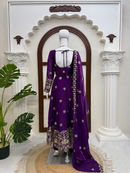 Back view of a fully stitched deep purple cultural outfit highlighting the stretchable elastic waist area and comfortable straight trousers.