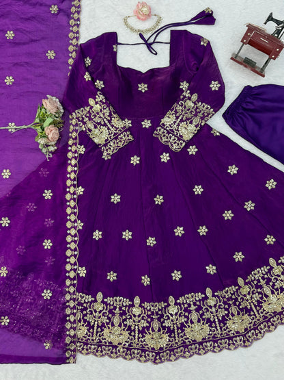 Full product presentation of a dark purple designer ethnic set showing exact layout proportions and multi size custom fit margins.