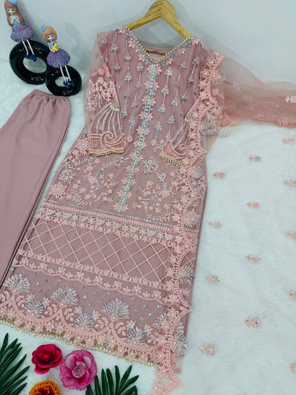 Elegant dusty rose net dupatta scarf displayed flat to showcase matching sequence borders and handcrafted pearl elements.
