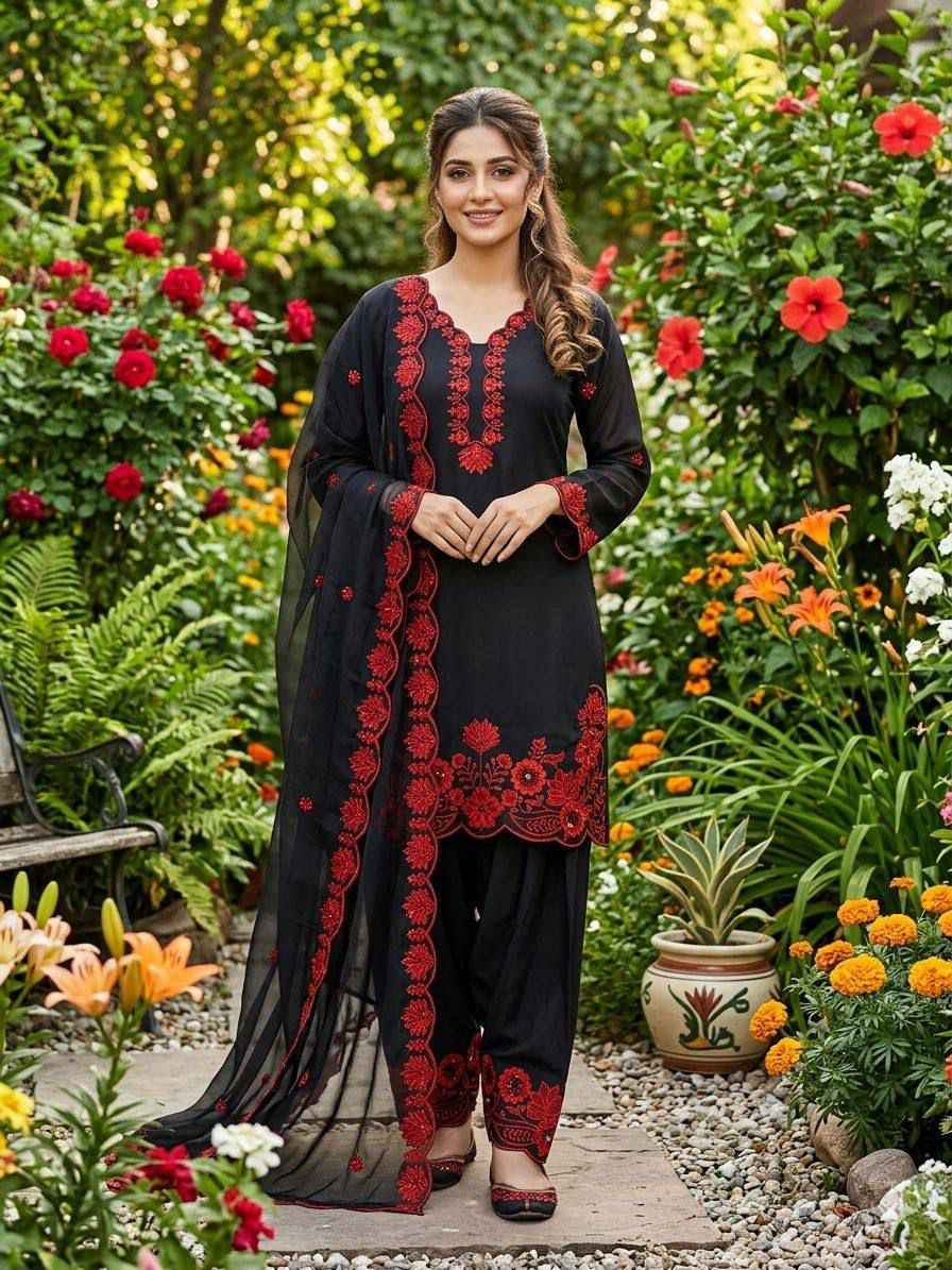Front view of full three piece bright red festive ethnic outfit displaying a sequence embroidered crape silk tunic and wide farsi salwar trousers.