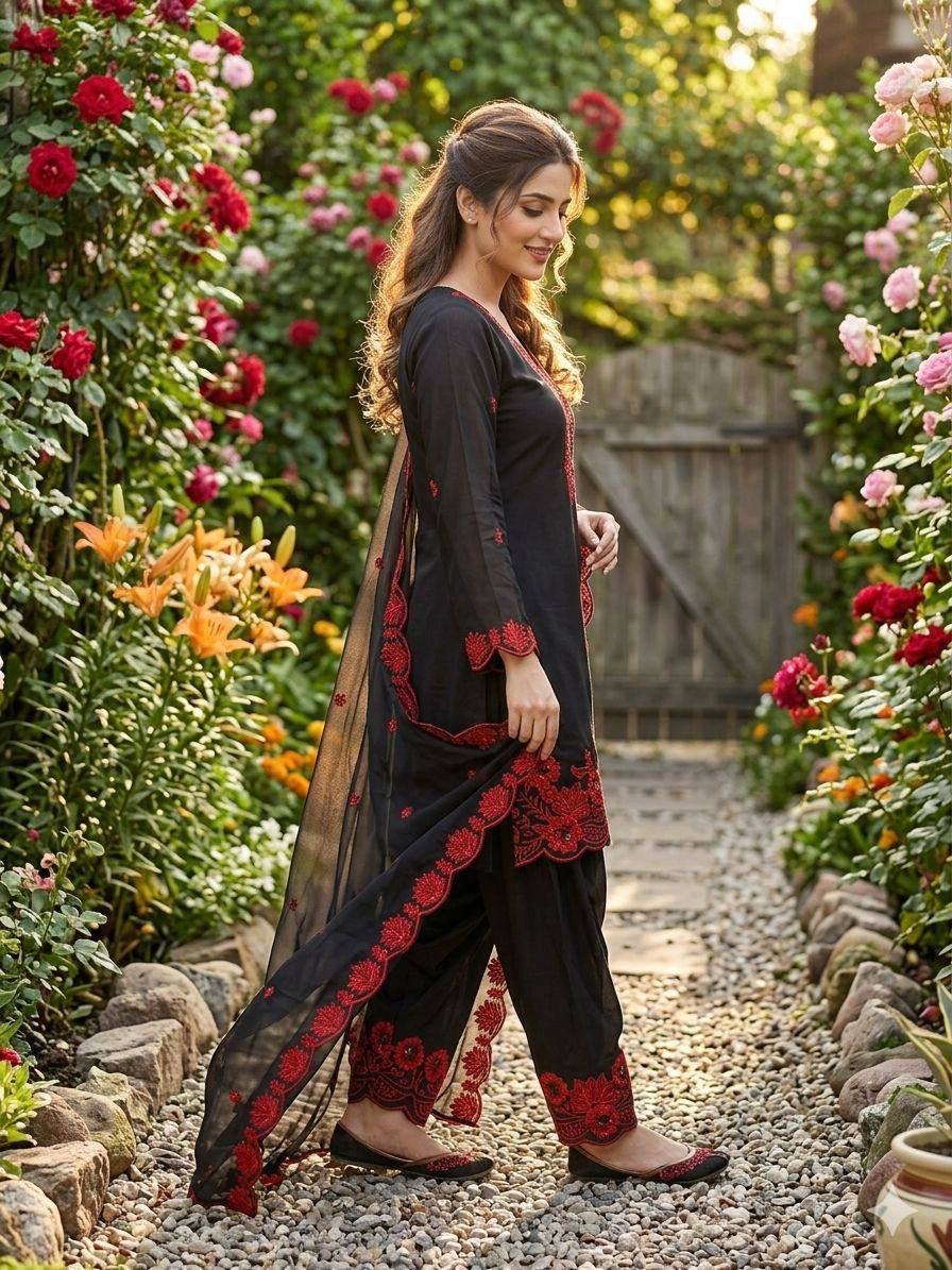 Complete flat layout presentation of the red designer suit set displaying the three separate garment pieces including top pants and scarf.