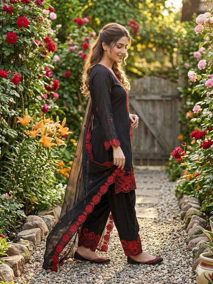 Complete flat layout presentation of the red designer suit set displaying the three separate garment pieces including top pants and scarf.