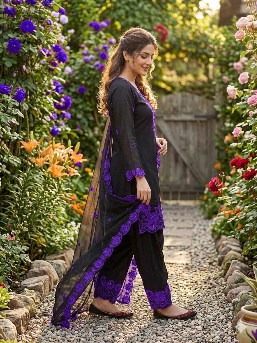 Full product presentation of a deep purple designer ethnic set showing exact layout proportions and multi size custom fit options.