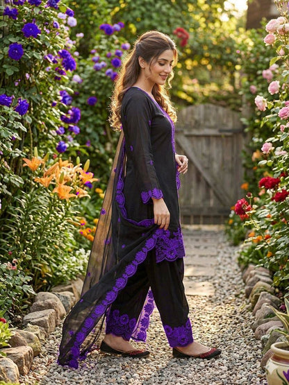 Full product presentation of a deep purple designer ethnic set showing exact layout proportions and multi size custom fit options.