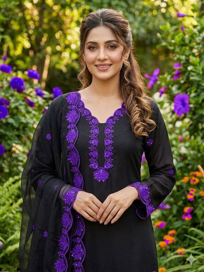 Elegant purple sheer organza dupatta scarf with geometric sequence embroidery patterns displayed clearly on a flat background.