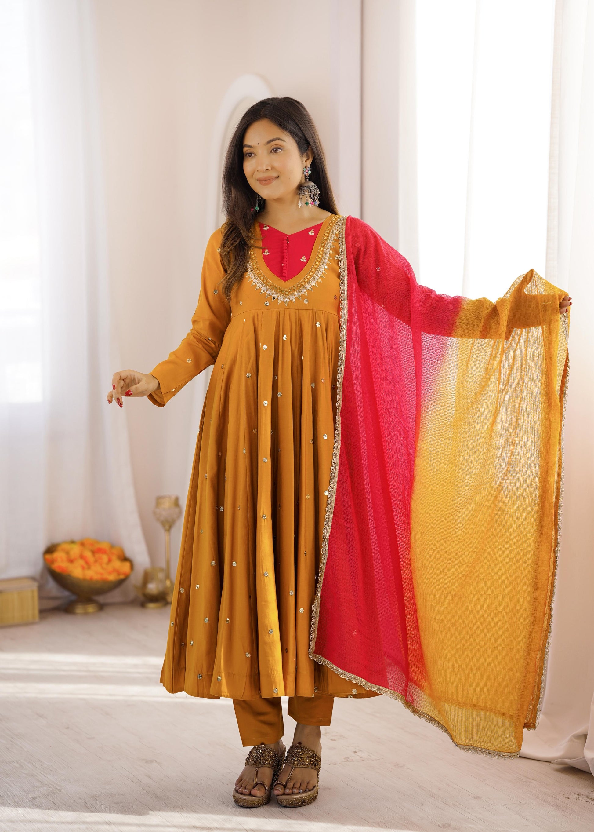 High resolution view of a mustard yellow kota checks dupatta scarf showing beautiful multi color digital print patterns and lace borders.