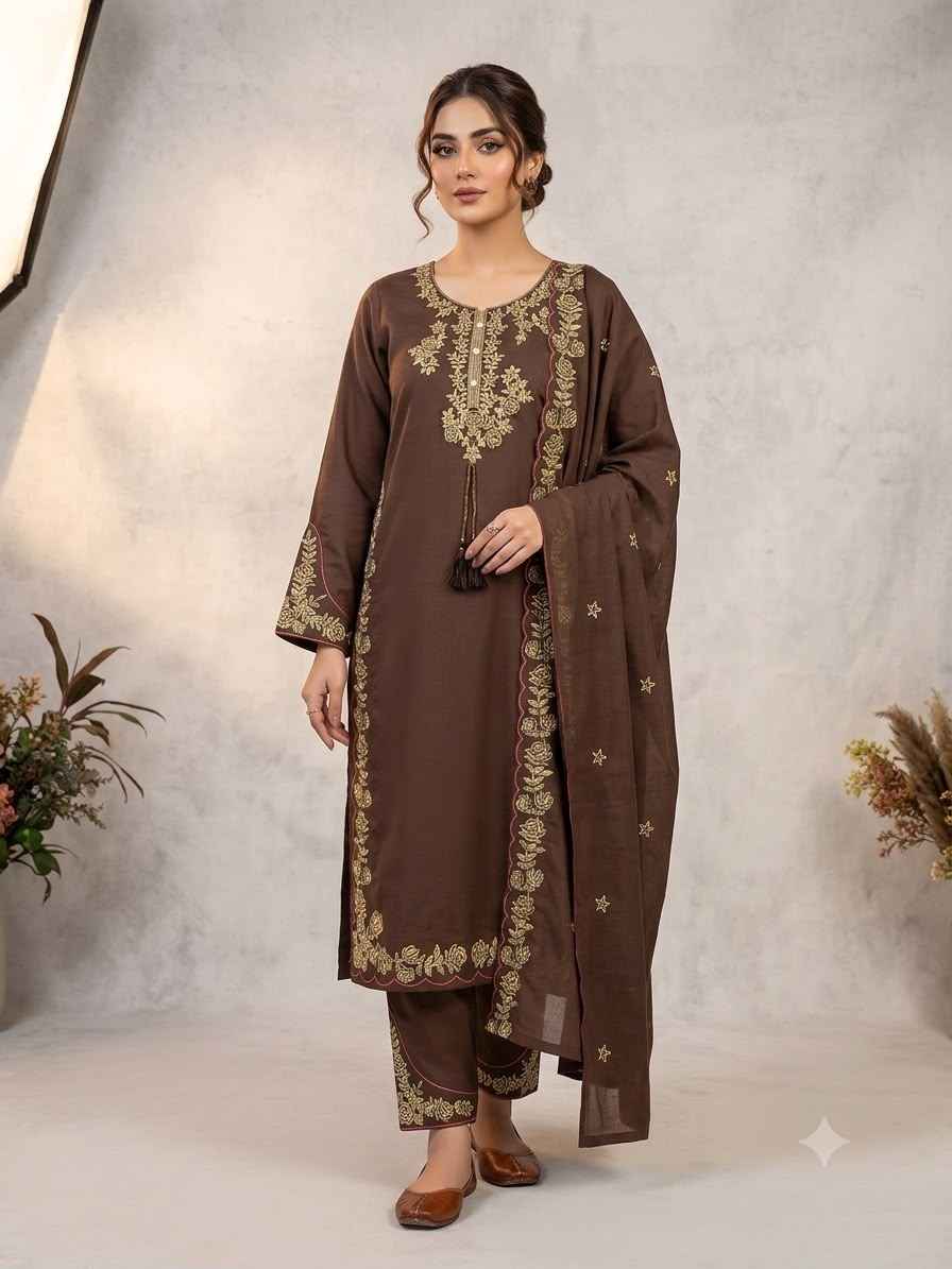 Front view of a rich chocolate brown traditional three piece suit displaying an embroidered long tunic top and relaxed trousers.