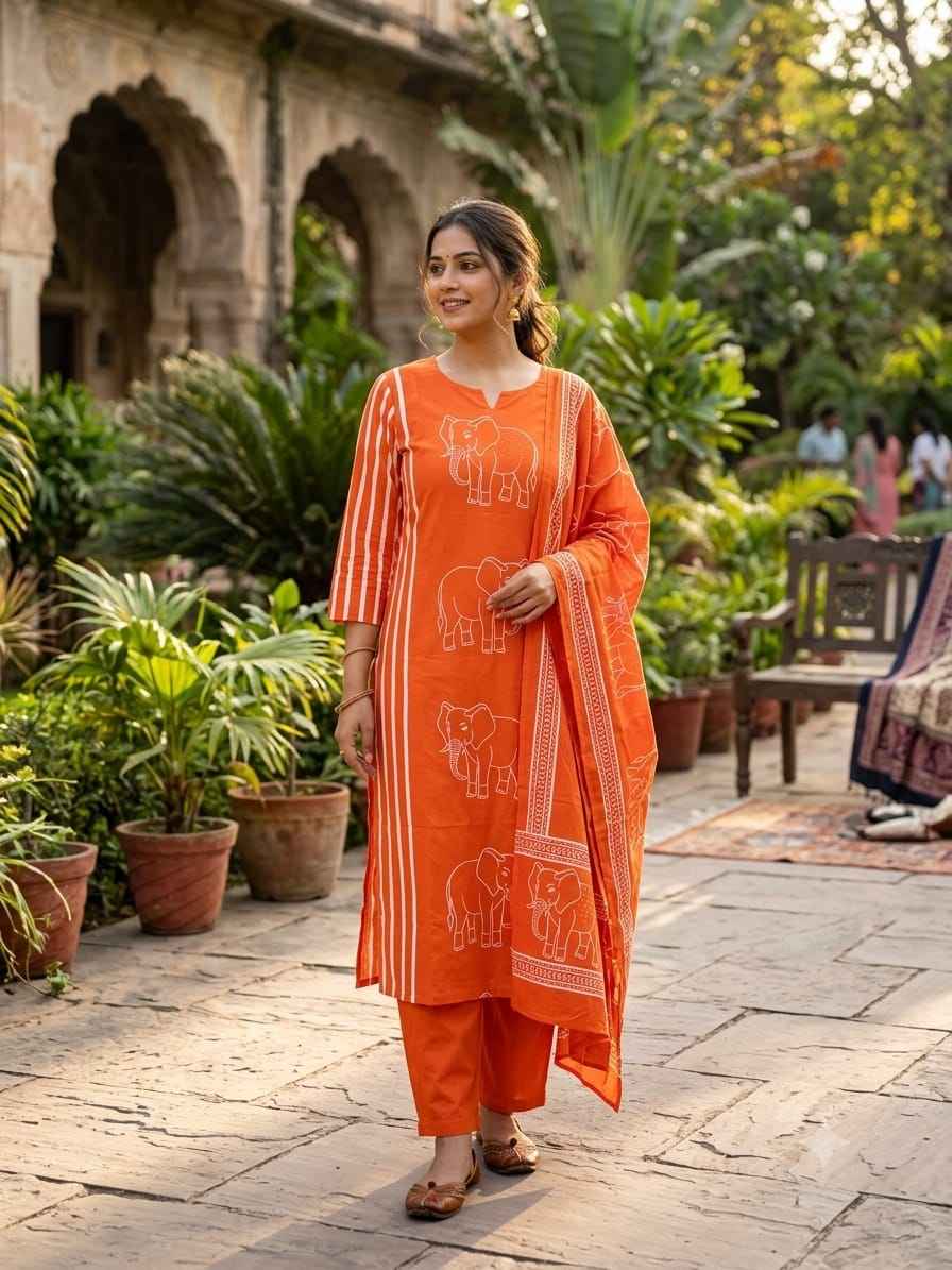 Heavy Cotton Discharge Print Kurta Set
