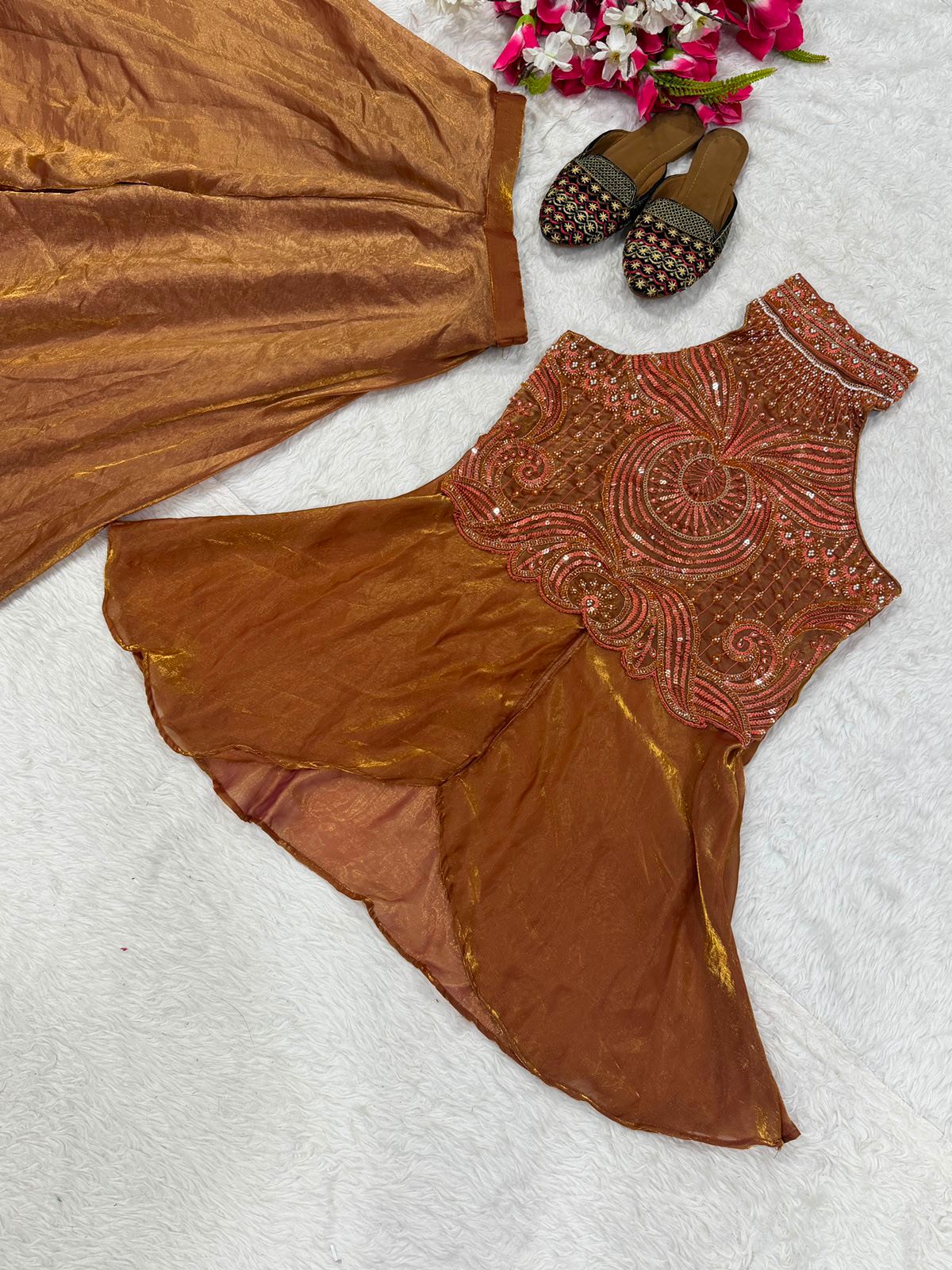 Side perspective of the fully stitched brown ethnic suit highlighting the clean tailoring lines and comfortable micro cotton interior lining.