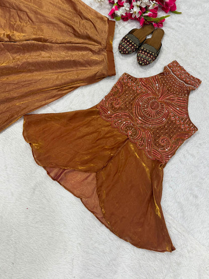 Side perspective of the fully stitched brown ethnic suit highlighting the clean tailoring lines and comfortable micro cotton interior lining.