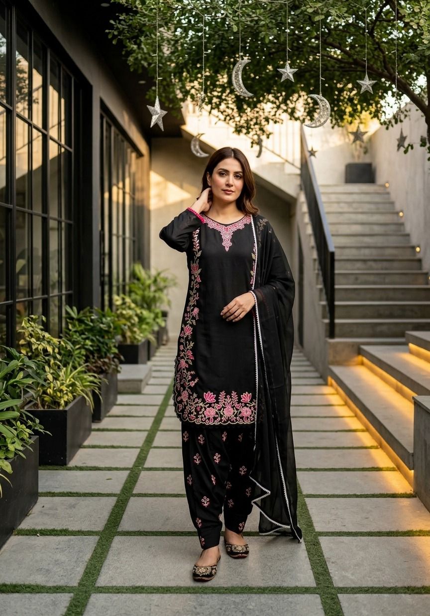 Front view of full three piece black traditional festive outfit displaying an embroidered heavy roman silk tunic top and matching trousers.