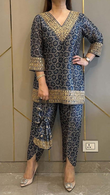 Complete product presentation of the charcoal blue designer suit set showing the three separate components including top pants and batwa bag layout.