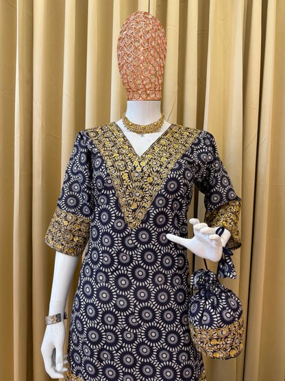 Detailed shot of the lower charcoal blue daman patta border showcasing high quality embroidery work threads on the short tunic hemline.