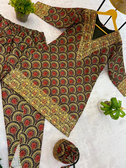 Side perspective of the fully stitched maroon ethnic co ord outfit highlighting the comfortable eighteen inch sleeves and relaxed overall silhouette fit.