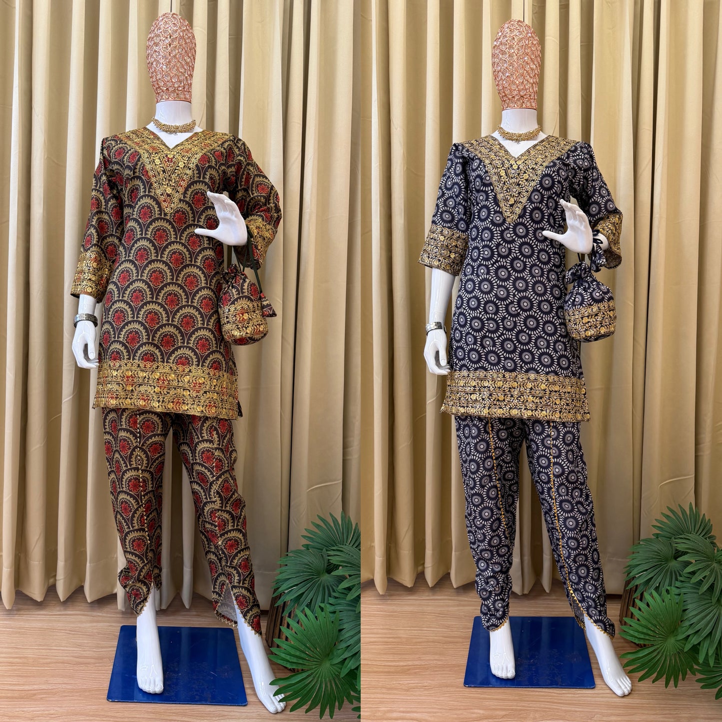 Side profile presentation of the fully stitched charcoal blue cultural outfit showcasing the comfortable thirty five inch top height proportions.