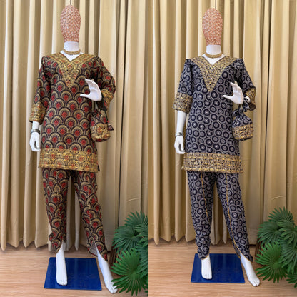 Side profile presentation of the fully stitched charcoal blue cultural outfit showcasing the comfortable thirty five inch top height proportions.