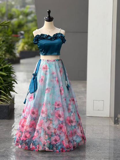 Low angle view of the sky blue lehenga skirt hem showcasing the massive eight meter flair volume held perfectly by the internal heavy canvas patta border.