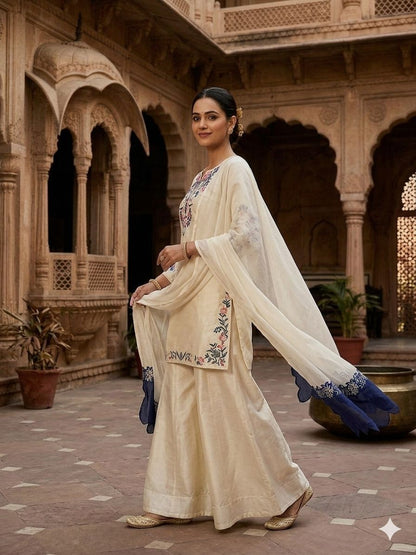 Back angle presentation of the off white traditional tunic showing clean tailoring lines and a smooth seamless overall structure.