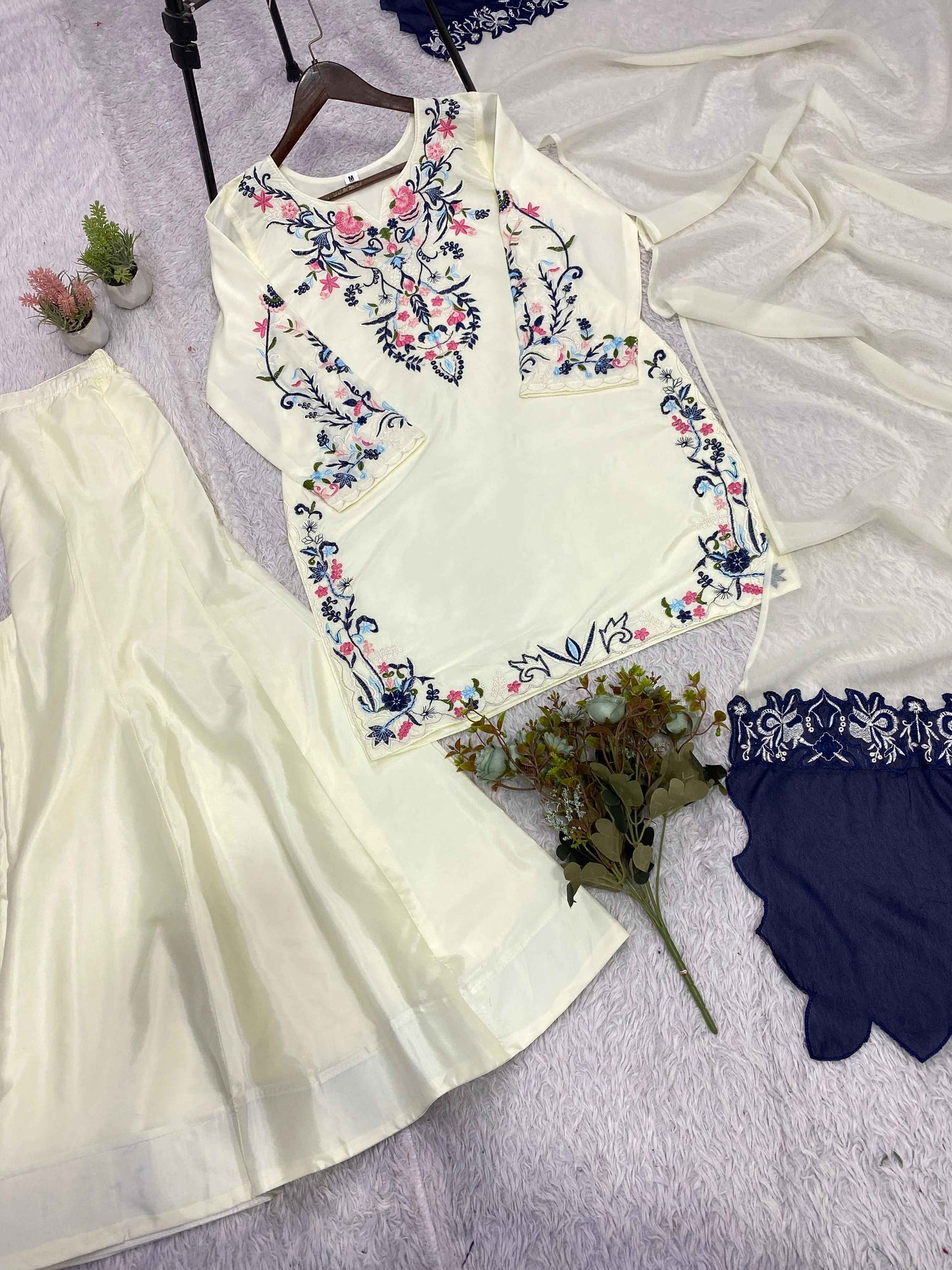 Crape Silk Embroidered Plazzo Suit