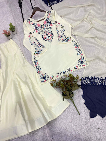 Crape Silk Embroidered Plazzo Suit