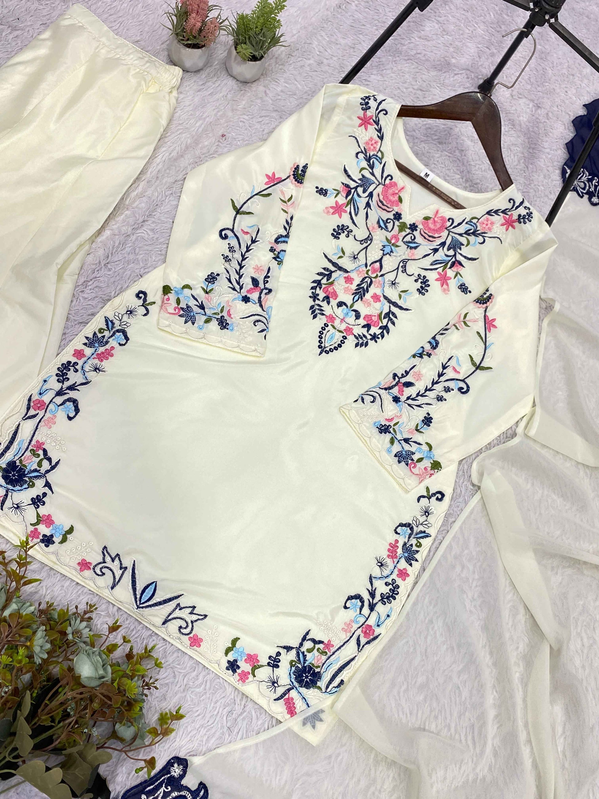 Crape Silk Embroidered Plazzo Suit